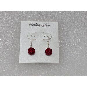 Sterling Silver Red Crystal Ball Dangle Earrings